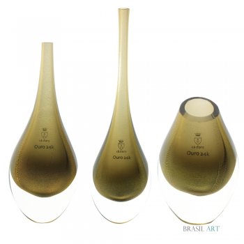 Trio Gotas Mini Fumê com Ouro 24K em Cristal Murano