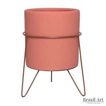 Vaso Decorativo Redondo com Suporte em Cerâmica Rosa