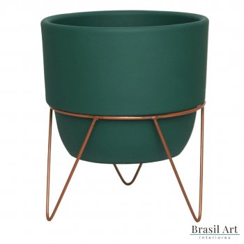 Vaso Decorativo Médio com Suporte em Cerâmica Verde Musgo
