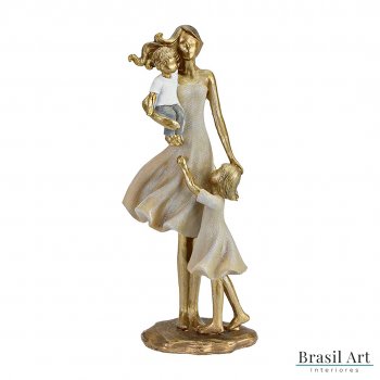 Estátua para Decoração Mãe com Casal de Filhos Rose