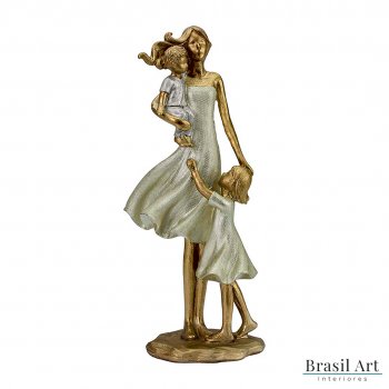 Estátua para Decoração Mãe com Casal de Filhos Prata