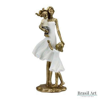 Estátua para Decoração Mãe com Casal de Filhos Branca